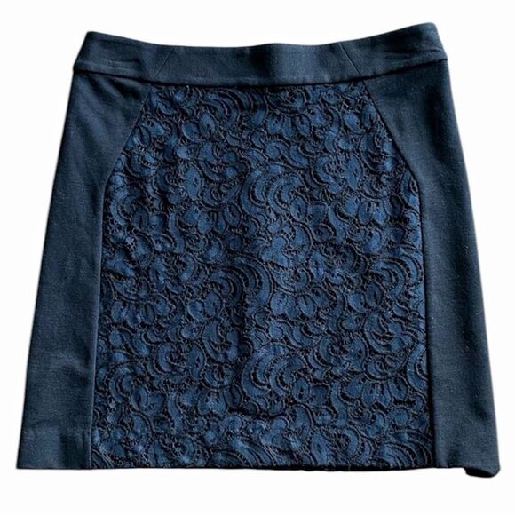 LOFT Skirt Black Navy Lace Overlay Small Stretch Office Academia - Picture 1 of 11